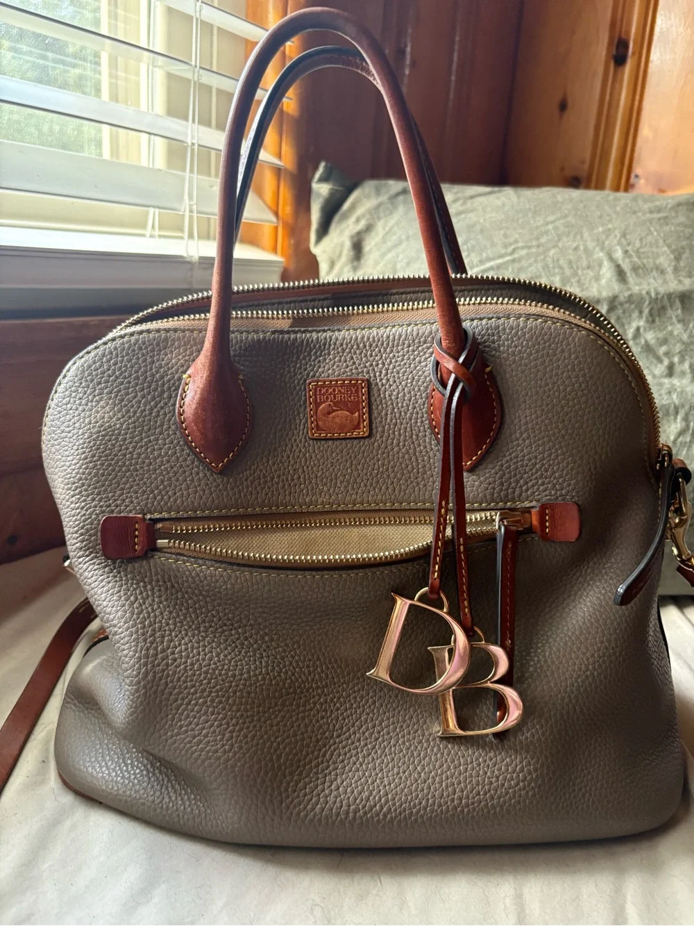 Dooney & Bourke Gray Pebbled Leather Satchel with Brown Trim